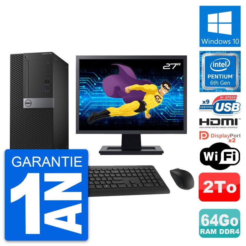 Dell OptiPlex 7050 Desktop Computer, 27" Screen, Intel G4400, 64GB RAM, 2TB HDD, HDMI, WiFi, Windows 10