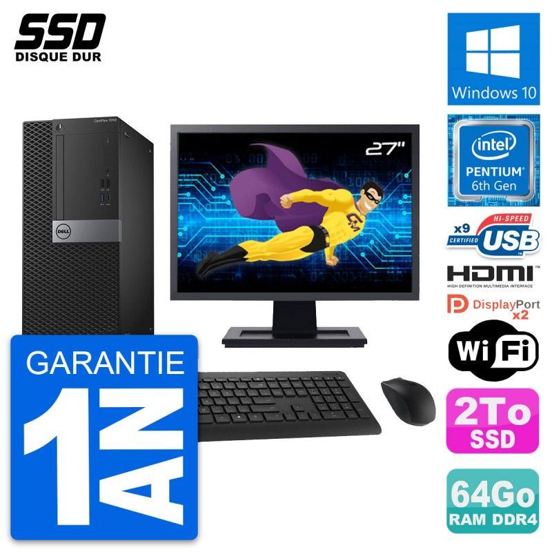 Dell OptiPlex 7050 Desktop PC - 27" Screen, Pentium G4400, 64GB RAM, 2TB SSD, HDMI, WiFi