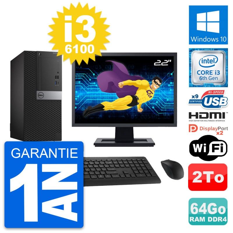Dell OptiPlex 7050 Desktop PC - 22" Screen, i3-6100, 64GB RAM, 2TB HDD, HDMI, WiFi