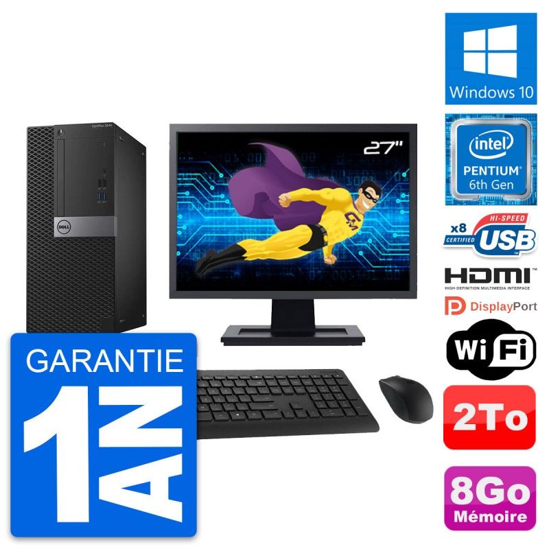 Dell OptiPlex 3040 Desktop PC - 27" Screen, Intel Pentium G4400, 8GB RAM, 2TB Storage, HDMI, WiFi