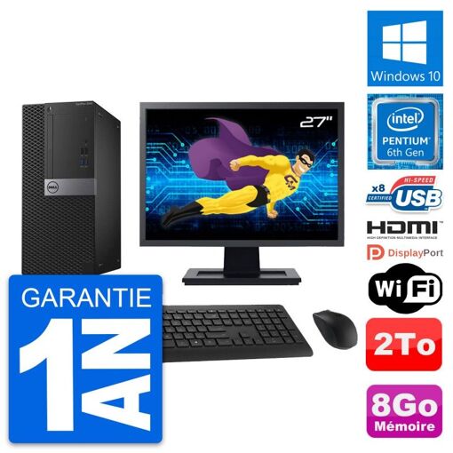 PC de escritorio Dell OptiPlex 3040 - Pantalla de 27', Procesador Intel Pentium G4400, 8GB de RAM, 2TB de almacenamiento, HDMI, WiFi
