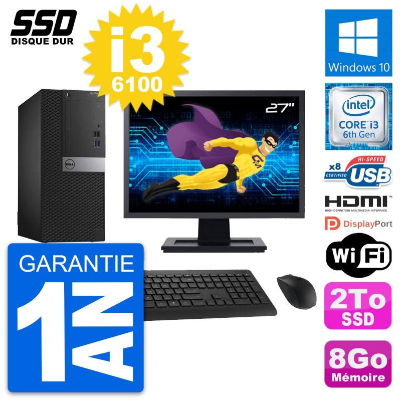 Dell OptiPlex 3040 Tower PC - 27" Screen, Intel i3-6100, 8GB RAM, 2TB SSD, HDMI, WiFi