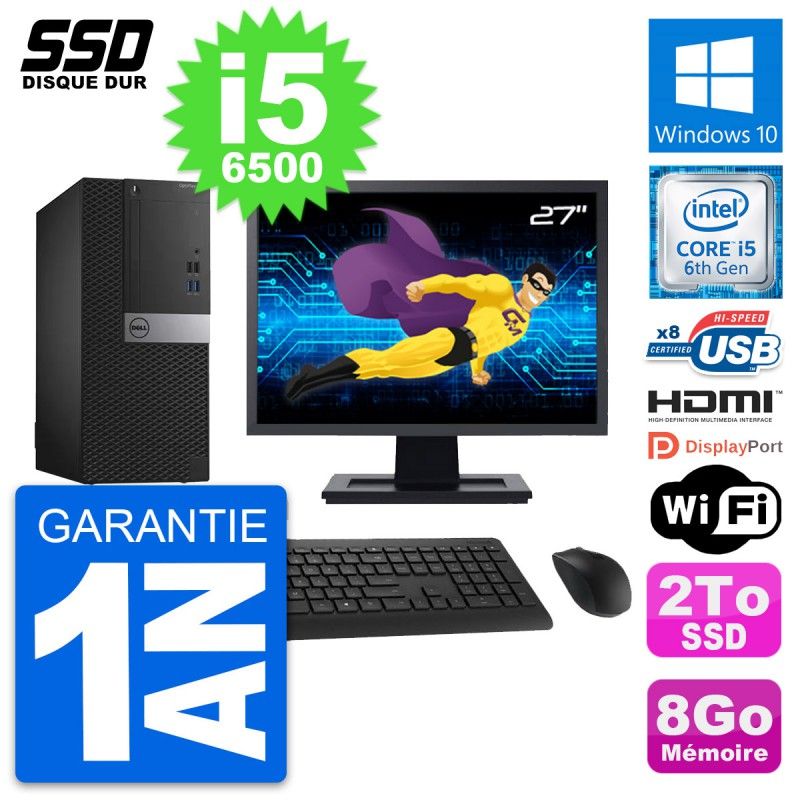 Computadora de escritorio Dell OptiPlex 3040, pantalla de 27 pulgadas, procesador Intel i5-6500, 8 GB de RAM, SSD de 2 TB, HDMI, WiFi