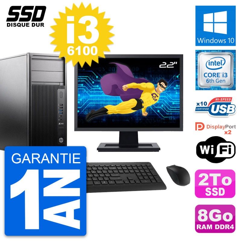 HP WorkStation Z240 MT - 22-inch i3-6100 8GB RAM 2TB SSD Windows 10 WiFi