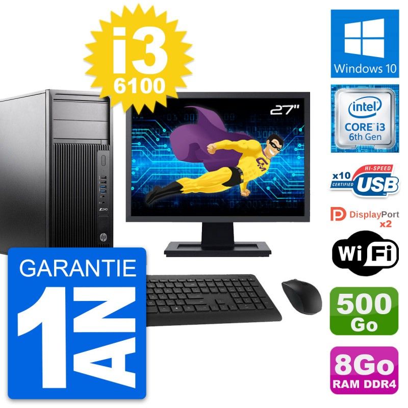 HP Z240 MT Desktop PC - 27" Screen, Intel i3-6100, 8GB RAM, 500GB Storage, Windows 10, WiFi