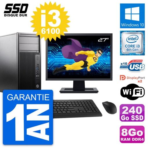 PC de trabajo HP Z240 - Pantalla de 27'', Intel Core i3-6100, 8 GB de RAM, 240 GB SSD, Windows 10, WiFi