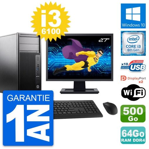 Computadora de trabajo HP Z240 MT - Pantalla de 27', Intel i3-6100, 64GB de RAM, 500GB SSD, Windows 10, WiFi