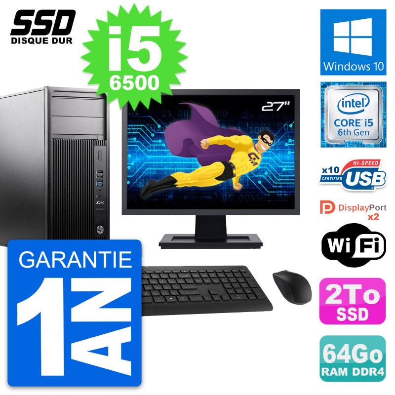 HP WorkStation Z240 Desktop PC - 27" Screen, i5-6500, 64GB RAM, 2TB SSD, Windows 10, WiFi