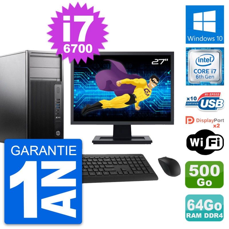 HP Z240 MT Workstation Computer, 27" Screen, Intel i7-6700, 64GB RAM, 500GB HDD, Windows 10, WiFi
