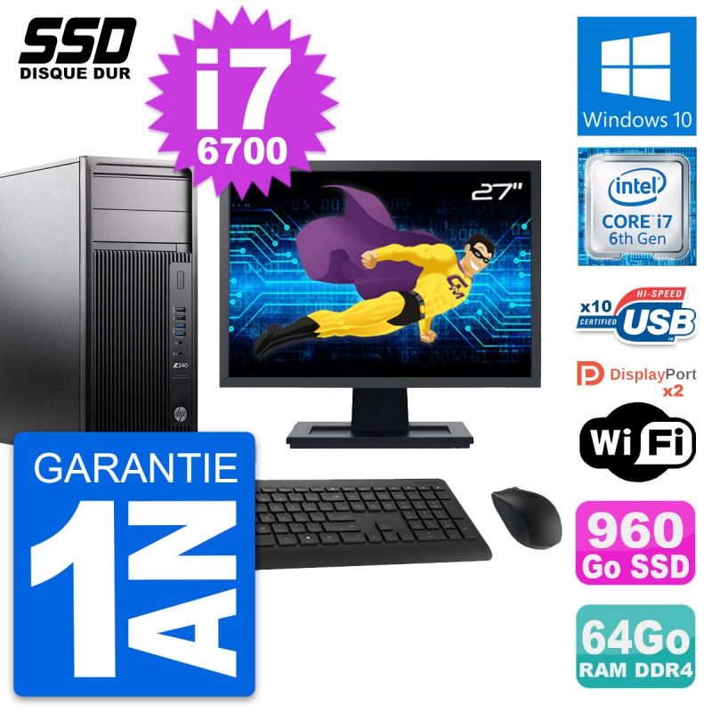 HP WorkStation Z240 Desktop PC - 27" Screen, i7-6700, 64GB RAM, 960GB SSD, Windows 10, WiFi
