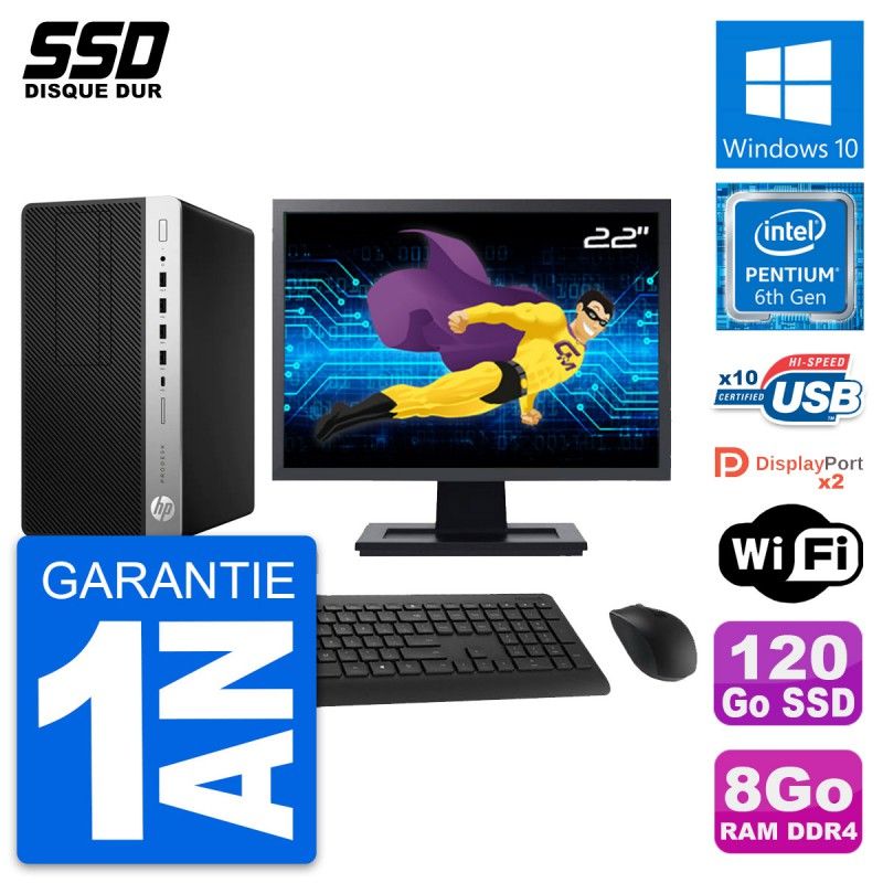 HP ProDesk 600 G3 MT Desktop PC - 22" Screen, Intel Pentium G4400, 8GB RAM, 120GB SSD, Windows 10, WiFi