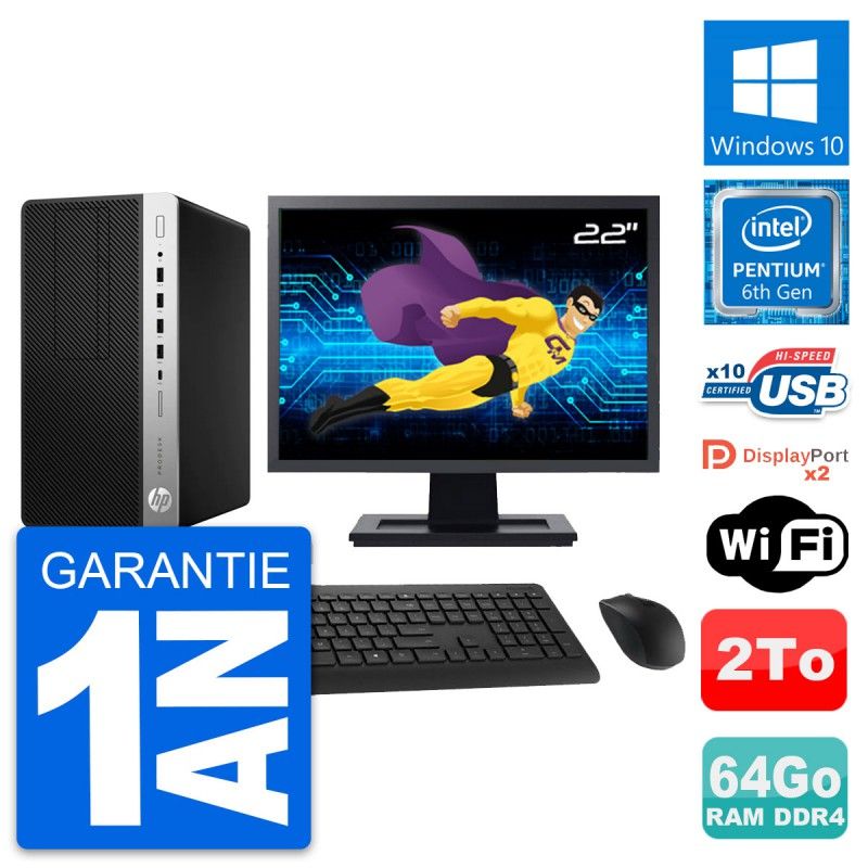 HP ProDesk 600 G3 MT Desktop PC - 22" Screen, Pentium G4400, 64GB RAM, 2TB Storage, Windows 10, WiFi