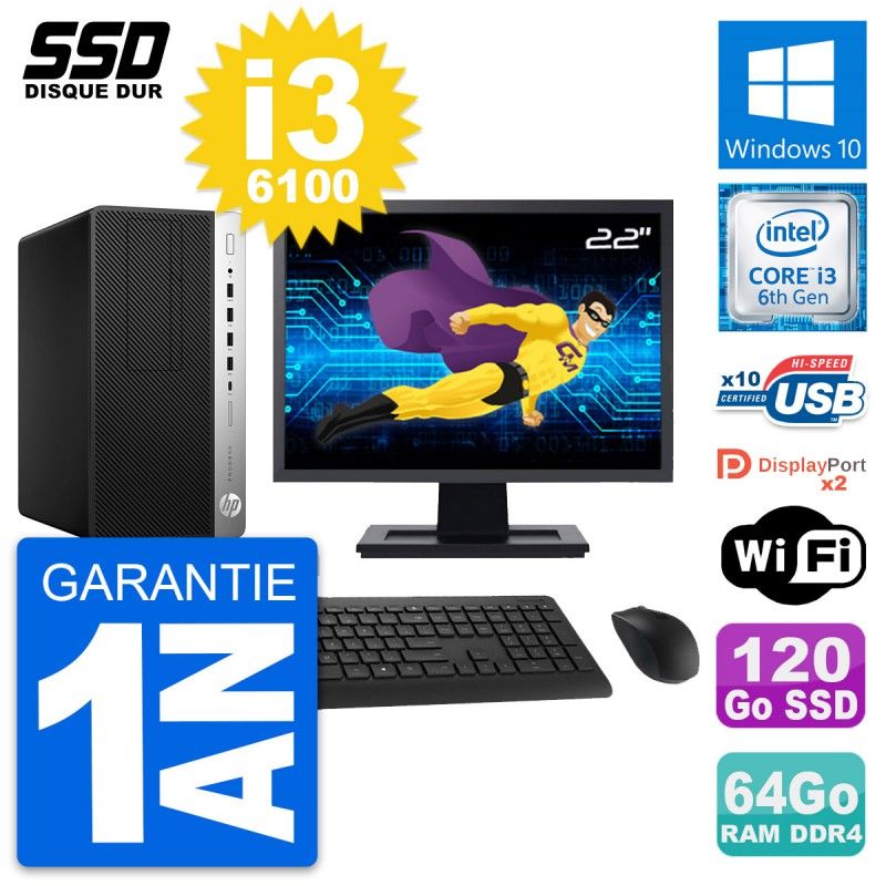 HP ProDesk 600 G3 Desktop Computer, 22" Screen, i3-6100, 64GB RAM, 120GB SSD, Windows 10, WiFi