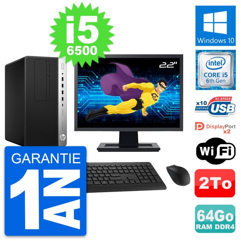 HP ProDesk 600 G3 MT Desktop Computer, 22" Screen, Core i5-6500, 64GB RAM, 2TB HDD, Windows 10, WiFi