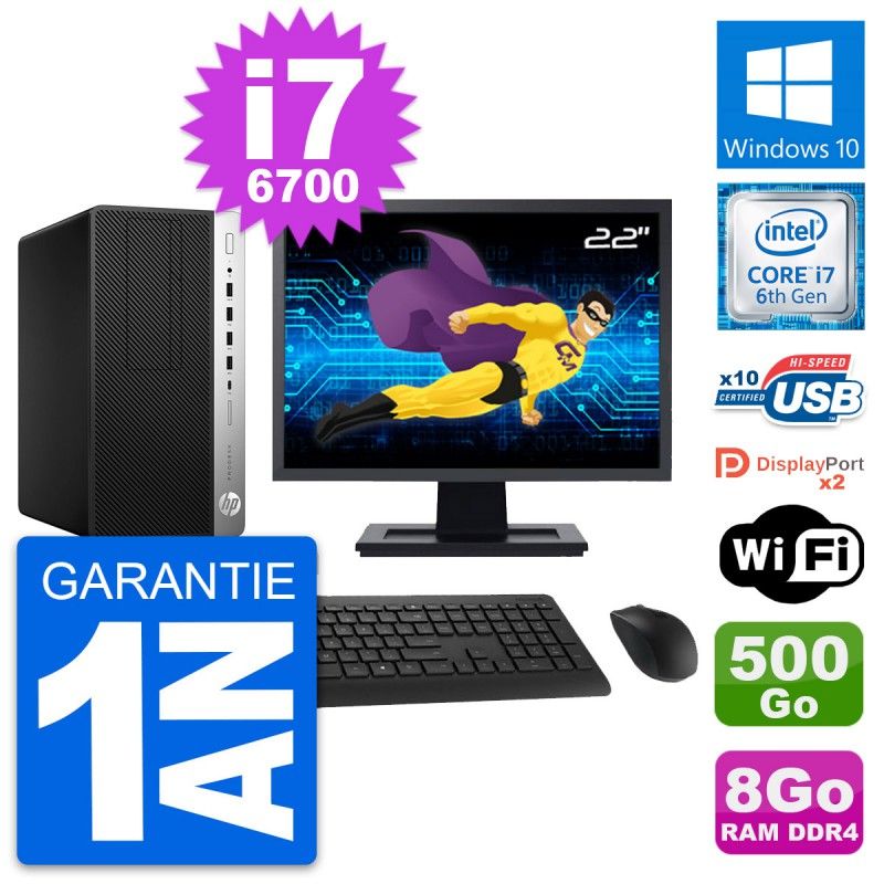 HP ProDesk 600 G3 Desktop PC - 22" Screen, i7-6700, 8GB RAM, 500GB Disk, Windows 10, WiFi