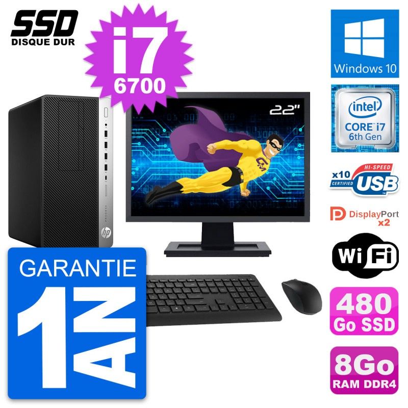 HP ProDesk 600 G3 MT Desktop PC - 22" Screen, i7-6700, 8GB RAM, 480GB SSD, Windows 10, WiFi