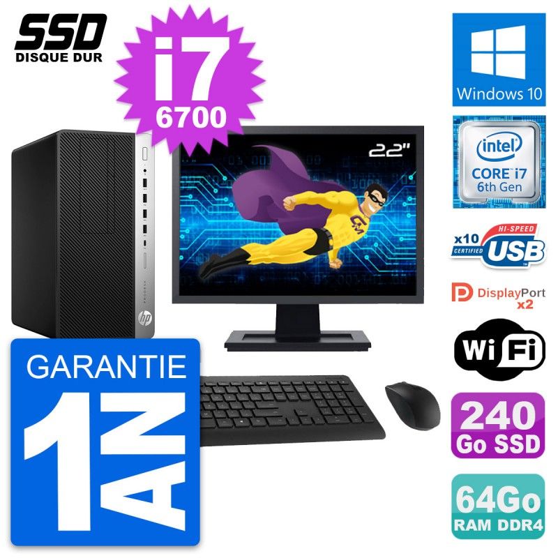 HP ProDesk 600 G3 Desktop Computer, 22" Screen, i7-6700, 64GB RAM, 240GB SSD, Windows 10, Wifi