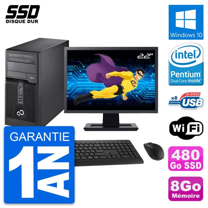 Fujitsu P510 22-inch PC Tower - Pentium G2020, 8GB RAM, 480GB SSD, Windows 10, WiFi