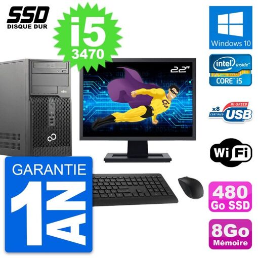 PC de escritorio Fujitsu P510 MT - Pantalla de 22", Core i5-3470, 8 GB de RAM, 480 GB SSD, Windows 10, WiFi