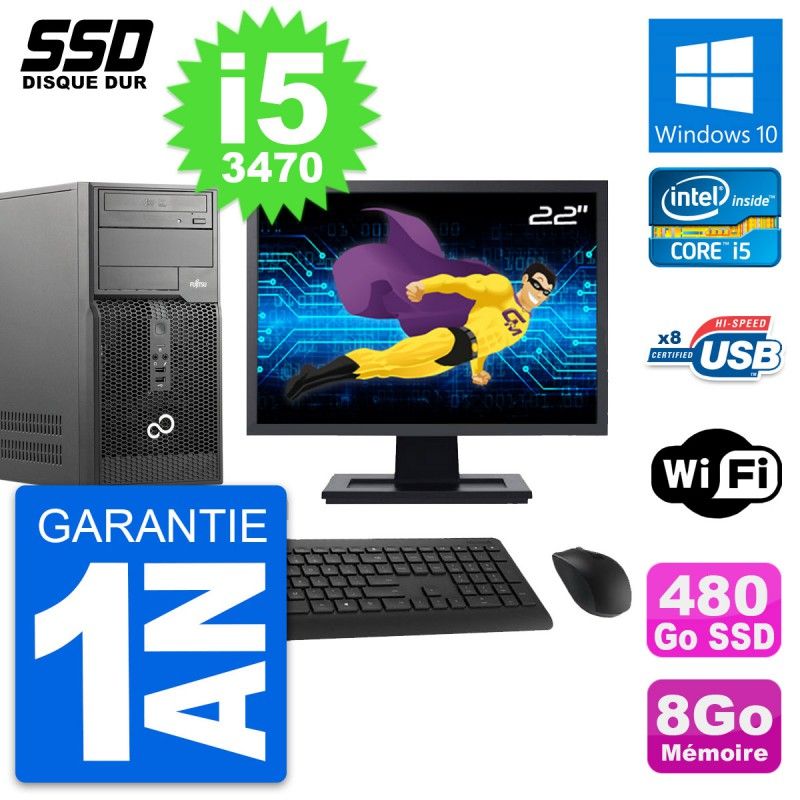 Fujitsu P510 MT Desktop PC - 22" Screen, Core i5-3470, 8GB RAM, 480GB SSD, Windows 10, WiFi