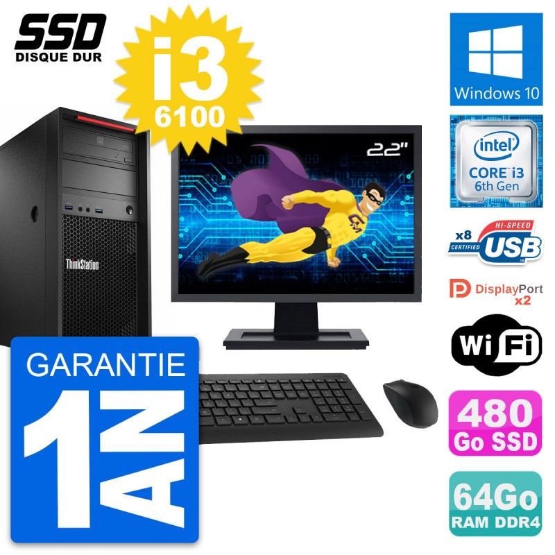 Lenovo P320 MT Desktop PC - 22" Screen, Core i3-6100, 64GB RAM, 480GB SSD, Windows 10, Wifi