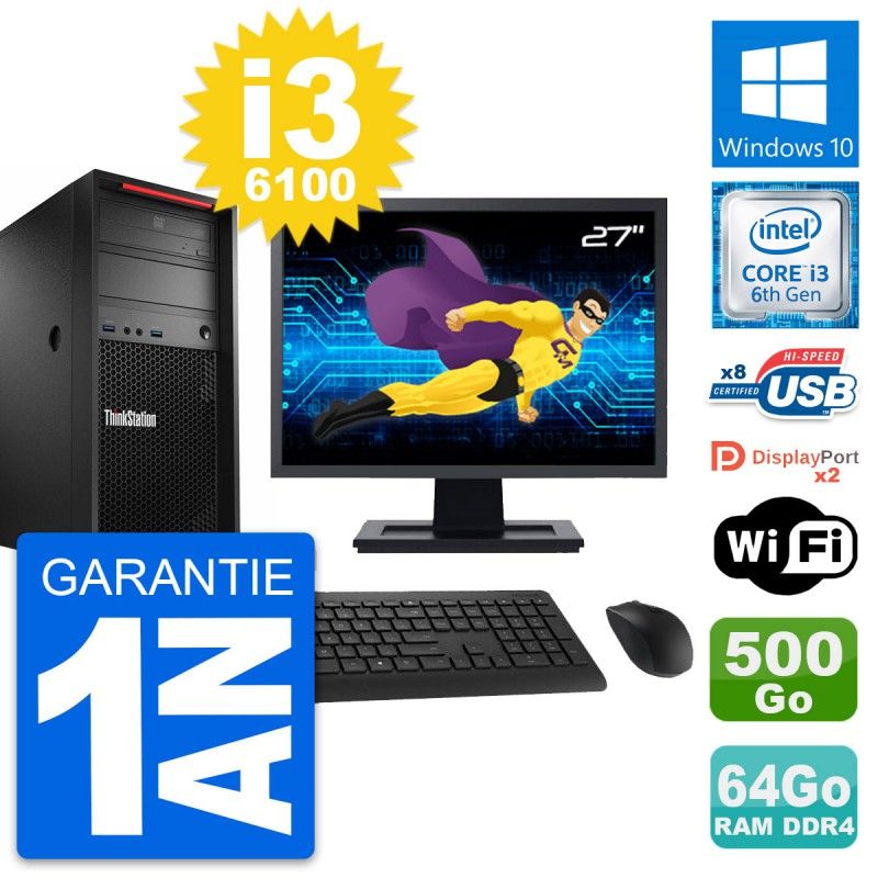Lenovo P320 Desktop Computer, 27" Screen, Core i3-6100, 64GB RAM, 500GB HDD, Windows 10, WiFi