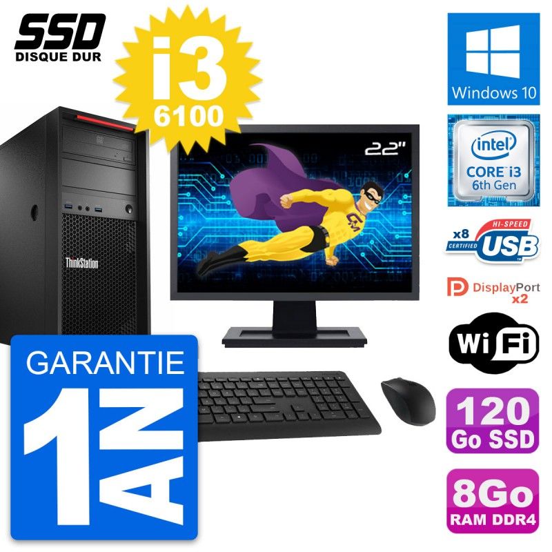 Lenovo ThinkStation P310 MT 22" Display, Intel i3-6100, 8GB RAM, 120GB SSD, Windows 10, Wifi