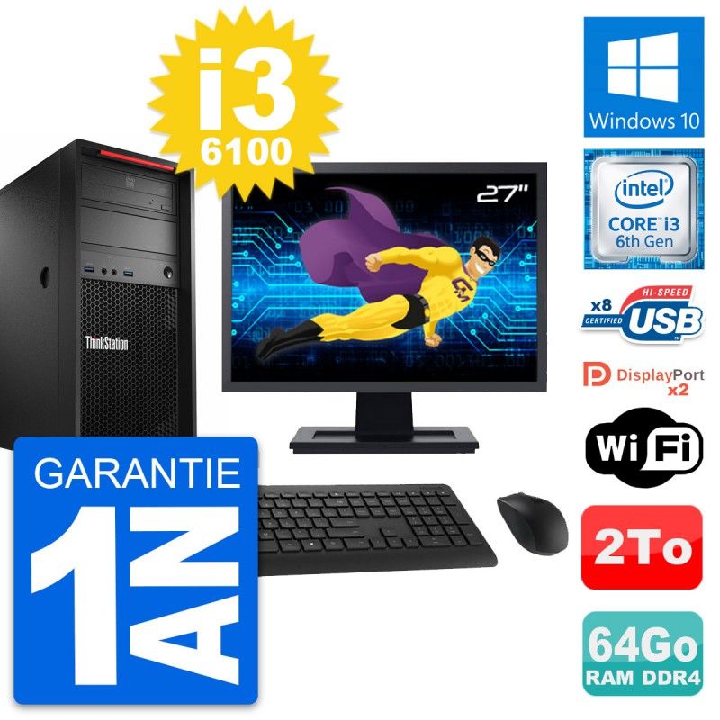 Lenovo P310 Desktop Computer - 27" Display, Intel i3-6100, 64GB RAM, 2TB Storage, Windows 10, WiFi