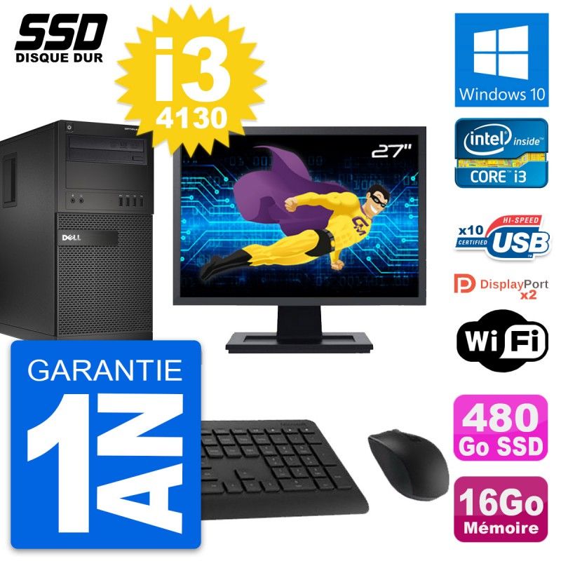 Dell OptiPlex XE2 MT Desktop Computer, 27" Screen, Intel i3-4130, 16GB RAM, 480GB SSD, Windows 10, Wifi