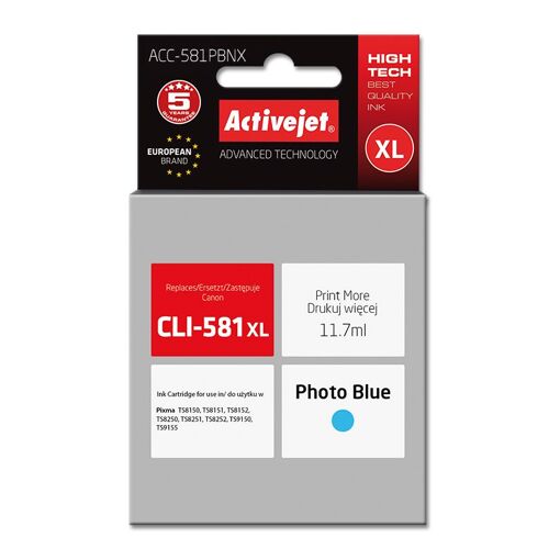 Cartucho de tinta Activejet ACC-581PBNX (reemplazo CLI-581PB XL, Supremo, 11,7 ml, Azul foto)