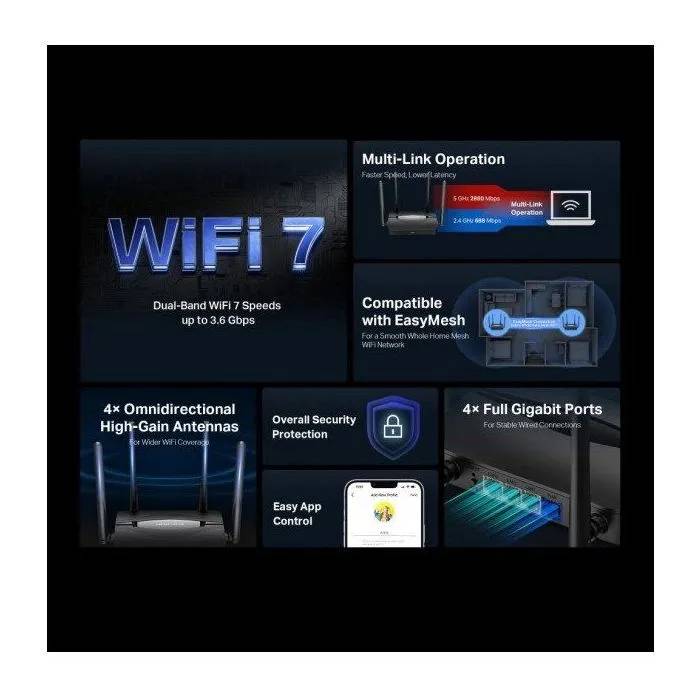 Enrutador Mercusys EasyMesh MR25BE WiFi7 (BE3600, 2.4 GHz/5 GHz, 1 x Gigabit WAN, 3 x Gigabit LAN)