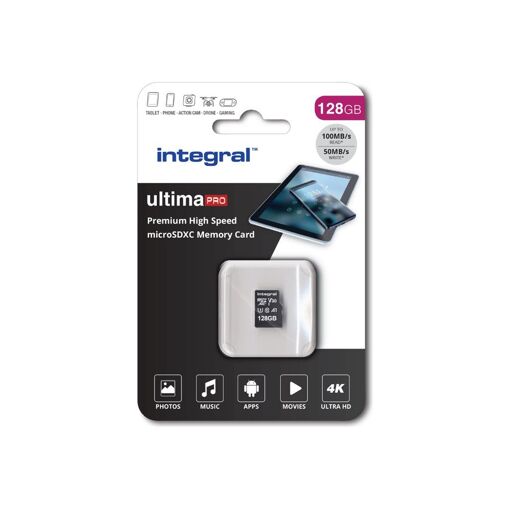 Integral UltimaPro Flash Memory Card - 128GB (MicroSDXC to SD Adapter Included) A1 / V30 Video Class / UHS Class 3 / Class 10