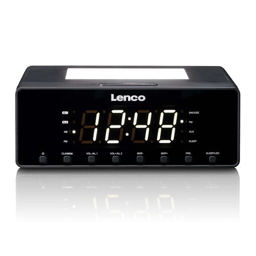 Lenco CR-540BK - Reloj despertador FM compacto con luz nocturna de intensidad variable y función de carga USB - Negro
