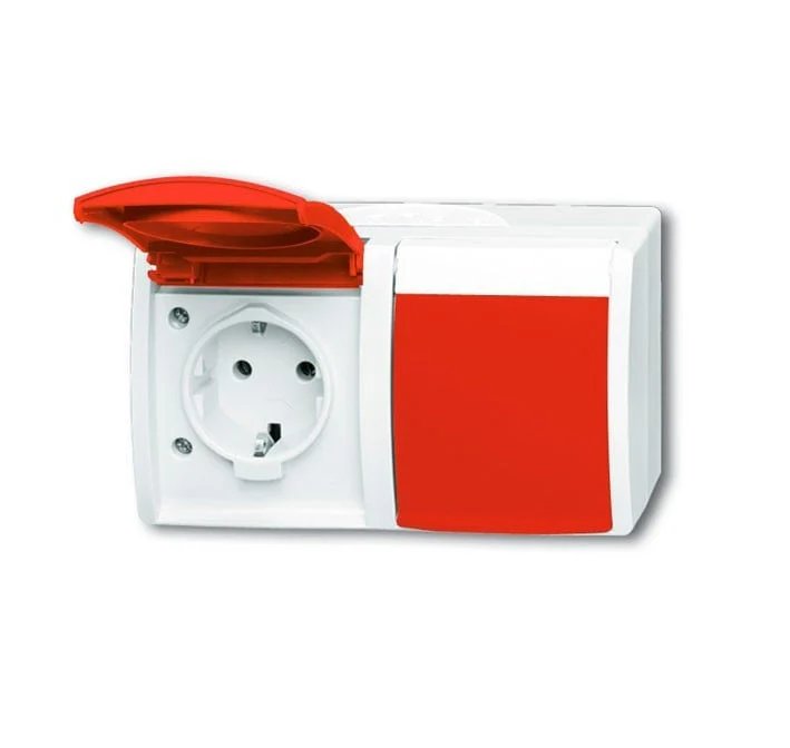 Busch-Jaeger 2-Gang Socket with Red Flip Cover, Horizontal, 20/2 (2084-0-0713)