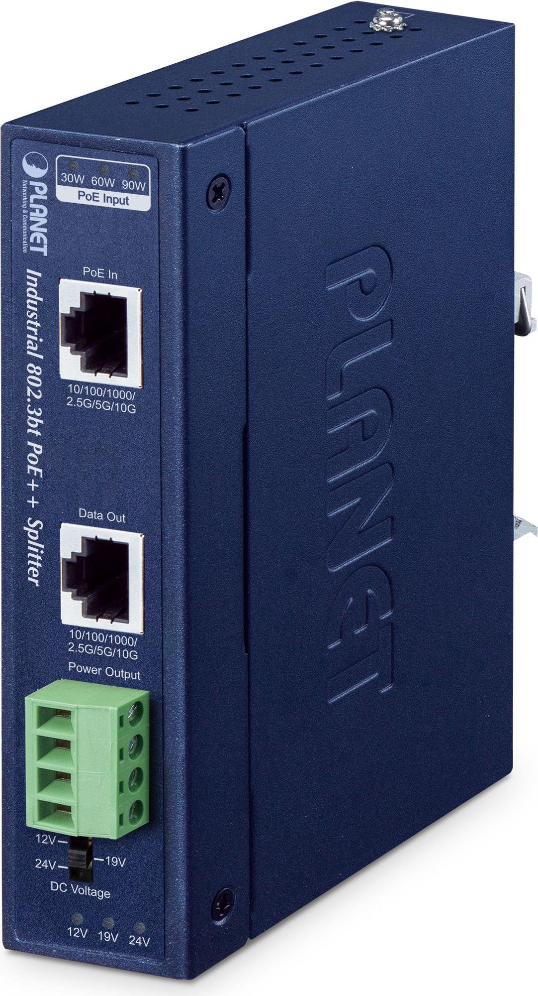 PLANET IP30 10Gbps PoE++ Splitter - Blue Metal - Power - 24V - FCC Class A - CE - -40°C to 75°C