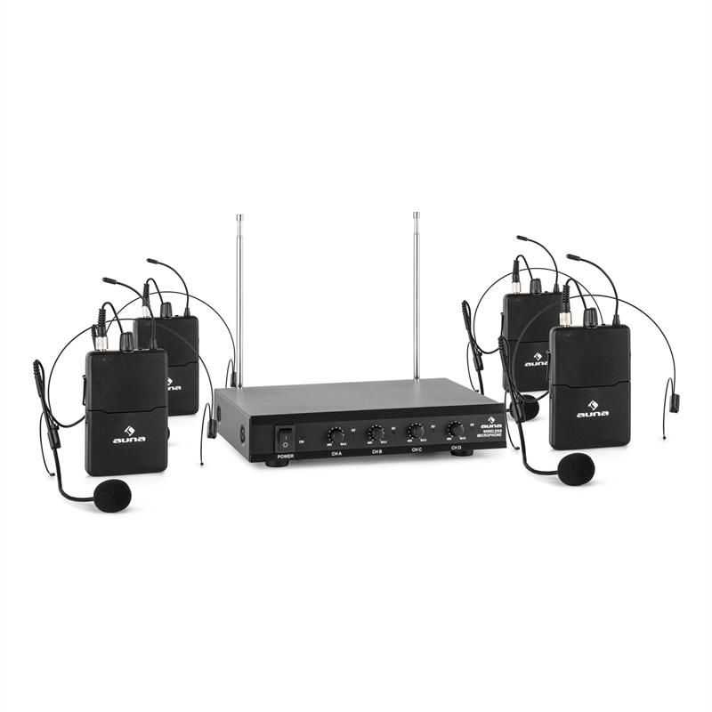 Auna 4-Channel VHF Wireless Microphone Set (4 Headsets, 100m Range)