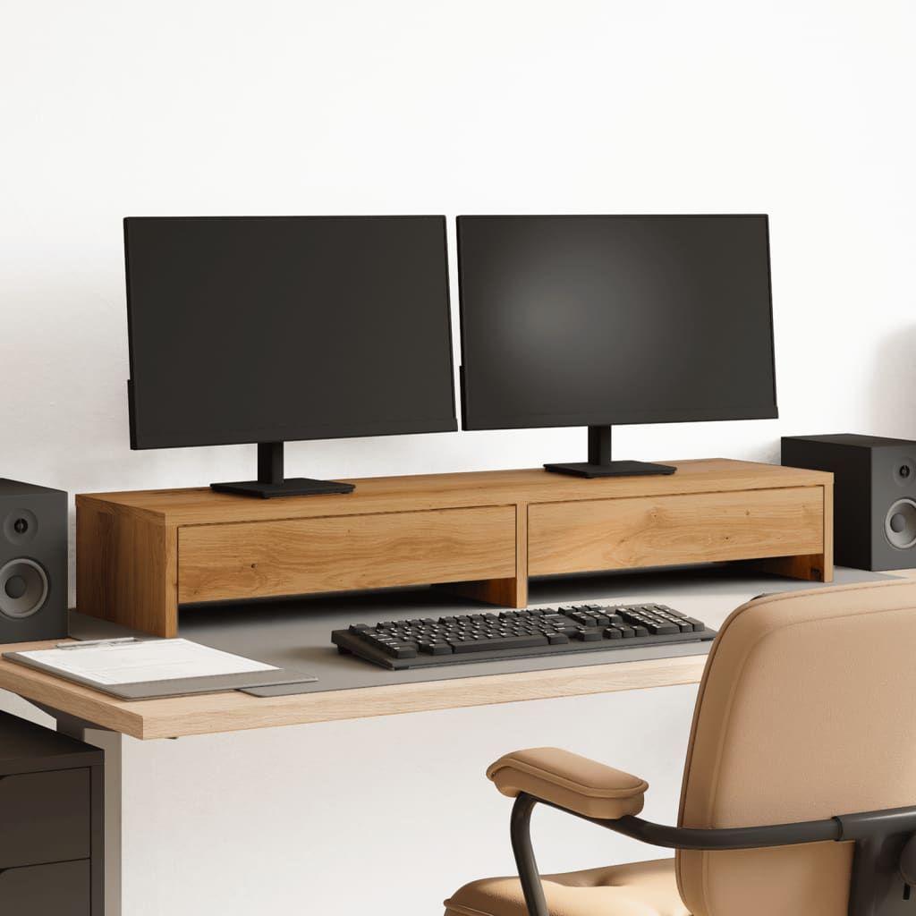 VIDAXL Double Monitor Stand with Drawers - Artisanal Oak Wood Engineering