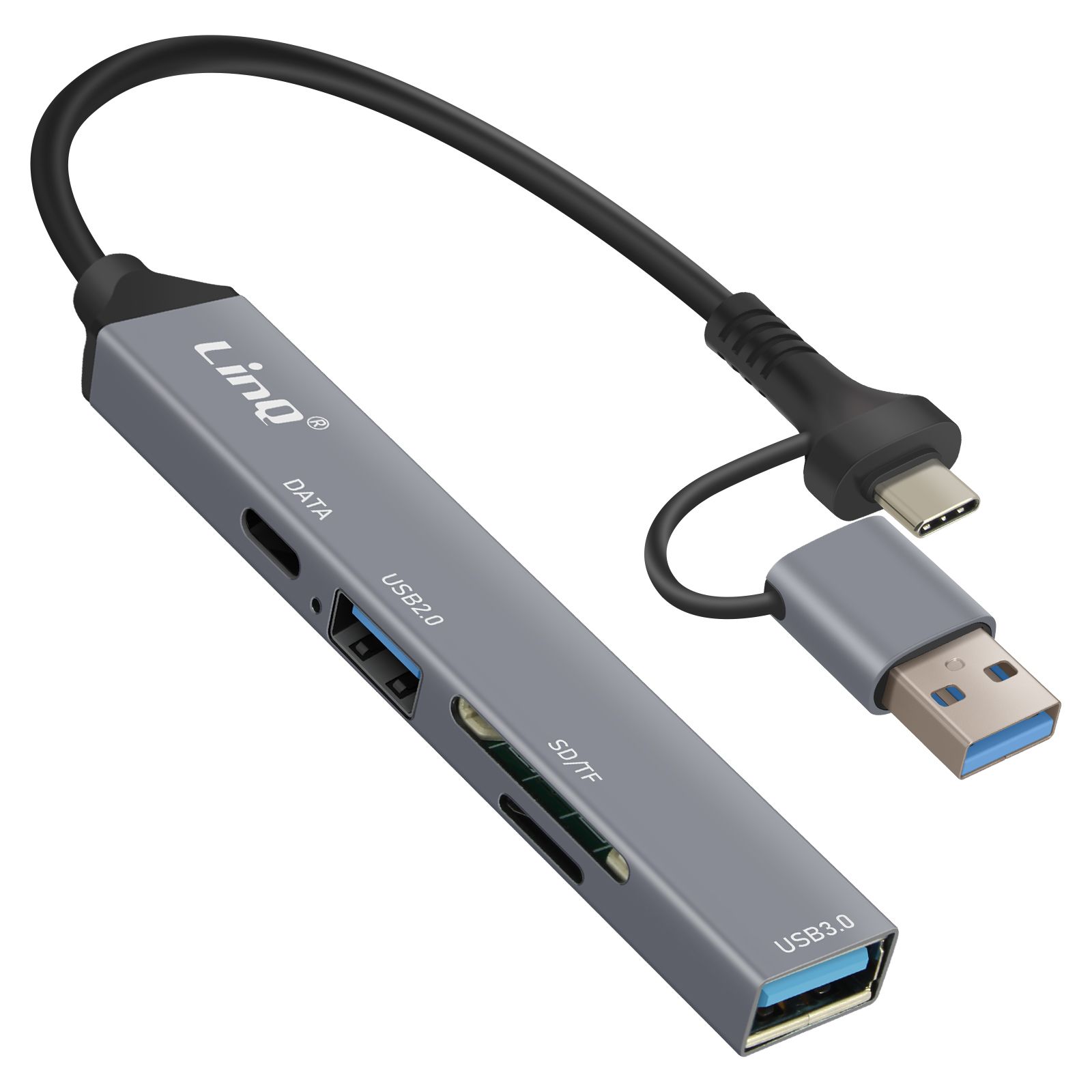 Hub USB LinQ USB-C y USB con lector de tarjetas SD y TF - Negro