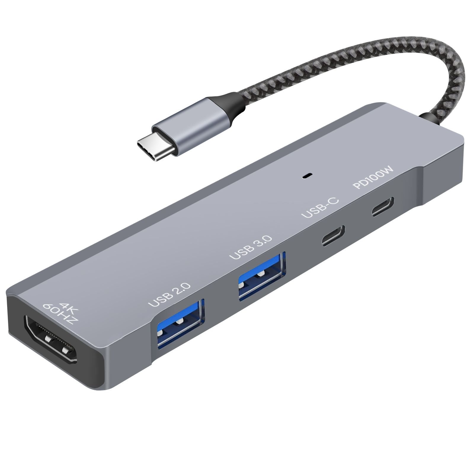 Hub USB-C 5 en 1 con HDMI 4K 60Hz, puertos USB y carga PD de 100W - Gris