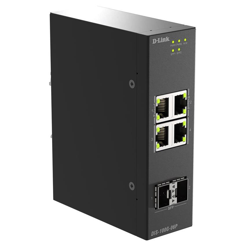 D-Link 100G-06 - Industrial Switch - Unmanaged - 4x 10/100/1000 + 2x Gigabit SFP - DIN Rail Mount