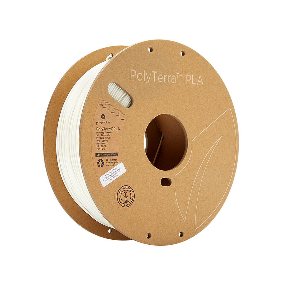 Bobina de filamento Polymaker PolyTerra 1,75 mm - 1 kg Blanco Algodón