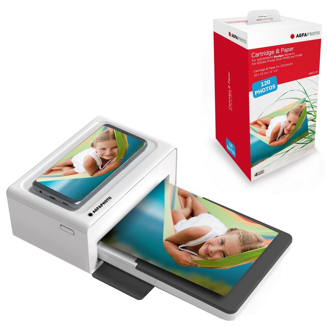 Agfaphoto Realipix Moments Printers + Cartridges and Paper - Bluetooth Photo Printing 10x15 cm from Smartphone Apple and Android, 4-Pass Thermal Sublimation - White