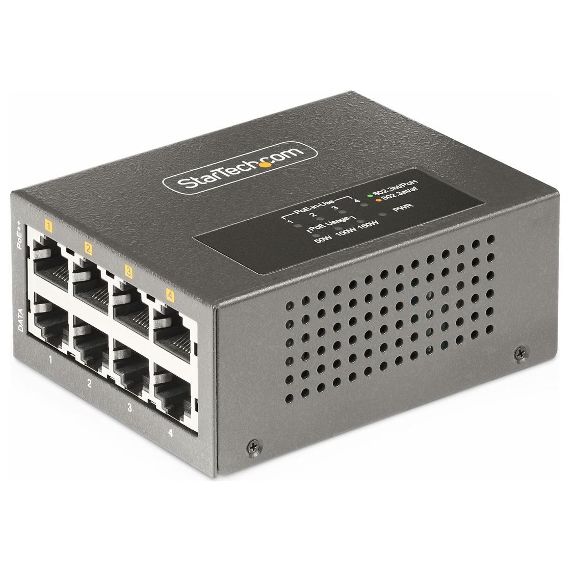 StarTech 4-Port PoE++ Injector, Up to 5G and 95W Max - DIN Rail/Wall Mount Power Injector - 160W - 4 Outputs - Black - TAA Compliant