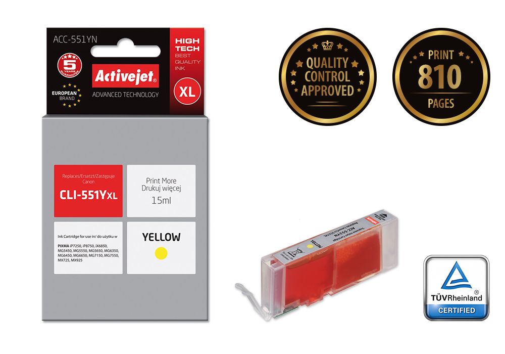 Activejet Ink Cartridge ACC-551YN (Canon CLI-551Y Replacement, Supreme, 15ml, Yellow)