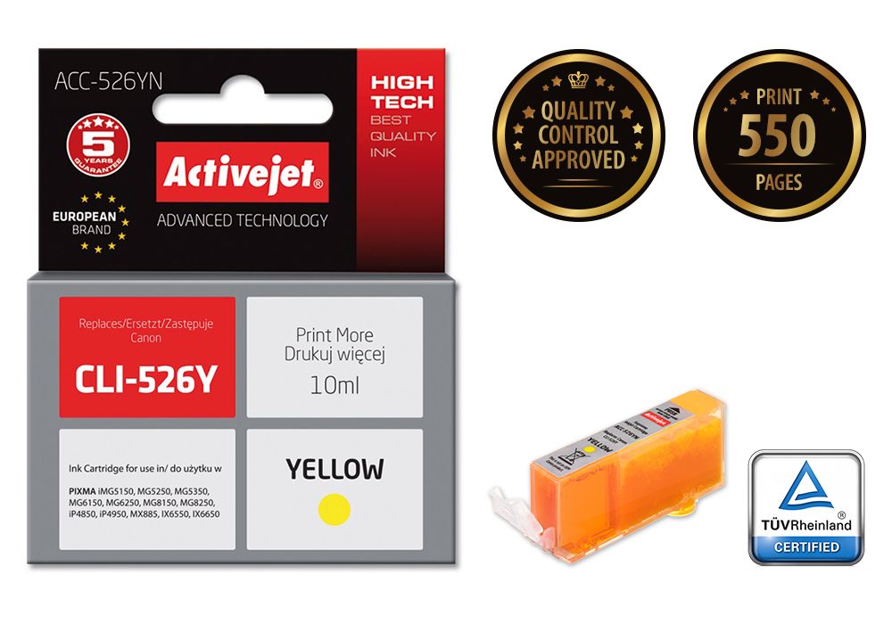 Activejet Ink Cartridge ACC-526YN (Canon CLI-526Y Replacement, Supreme, 10ml, Yellow)