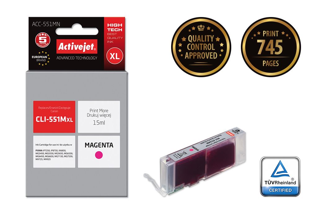 Activejet Ink Cartridge ACC-551MN (Canon CLI-551M Replacement, Supreme, 15ml, Red)