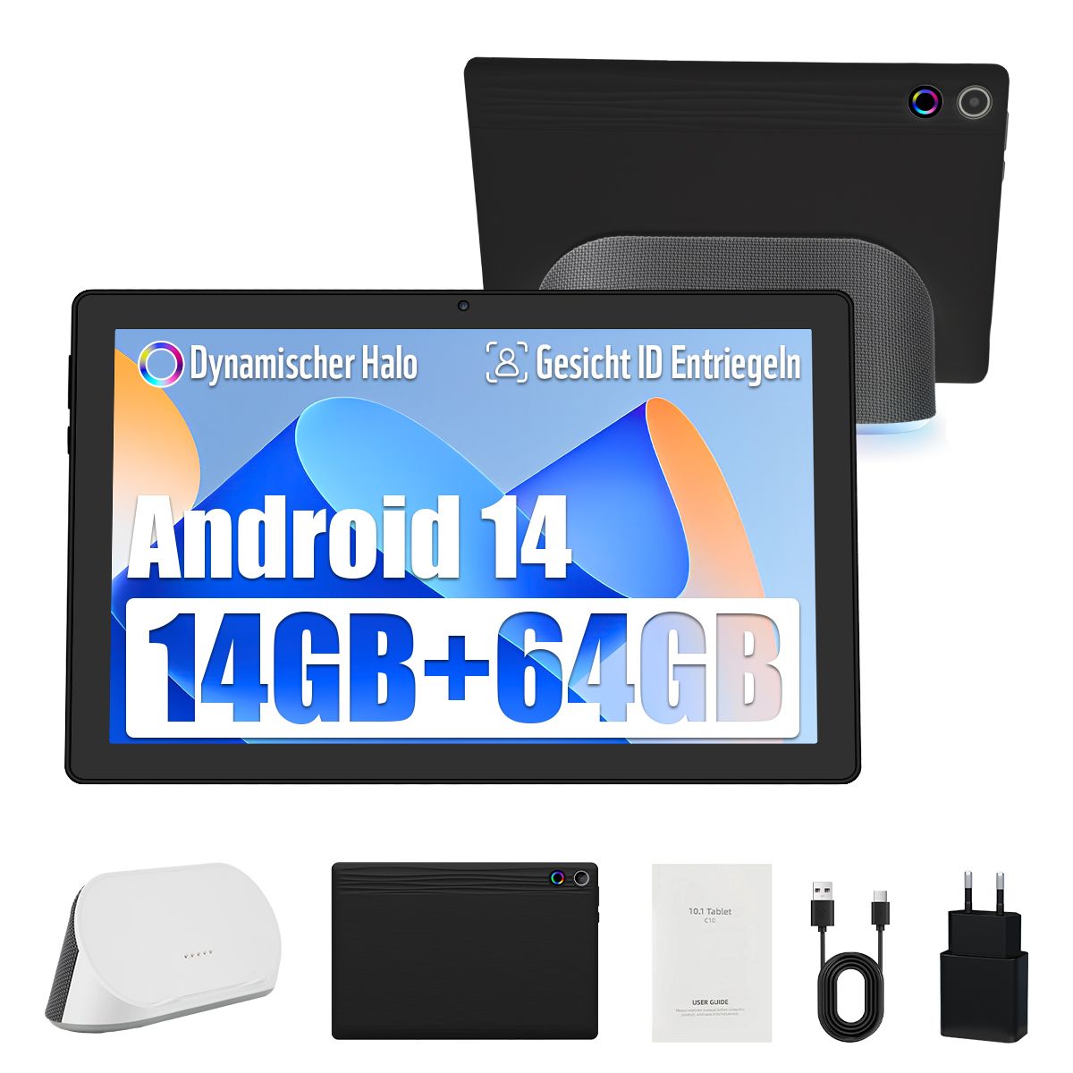 AEEZO 10-Inch Tablet with Android 14, Octa-Core Processor, 14GB RAM + 64GB ROM, HD Display, 5MP+8MP Cameras, Wi-Fi 6 & Bluetooth 5.3, AI Cloud Album, White Noise System, Speaker Dock Charger (Black)