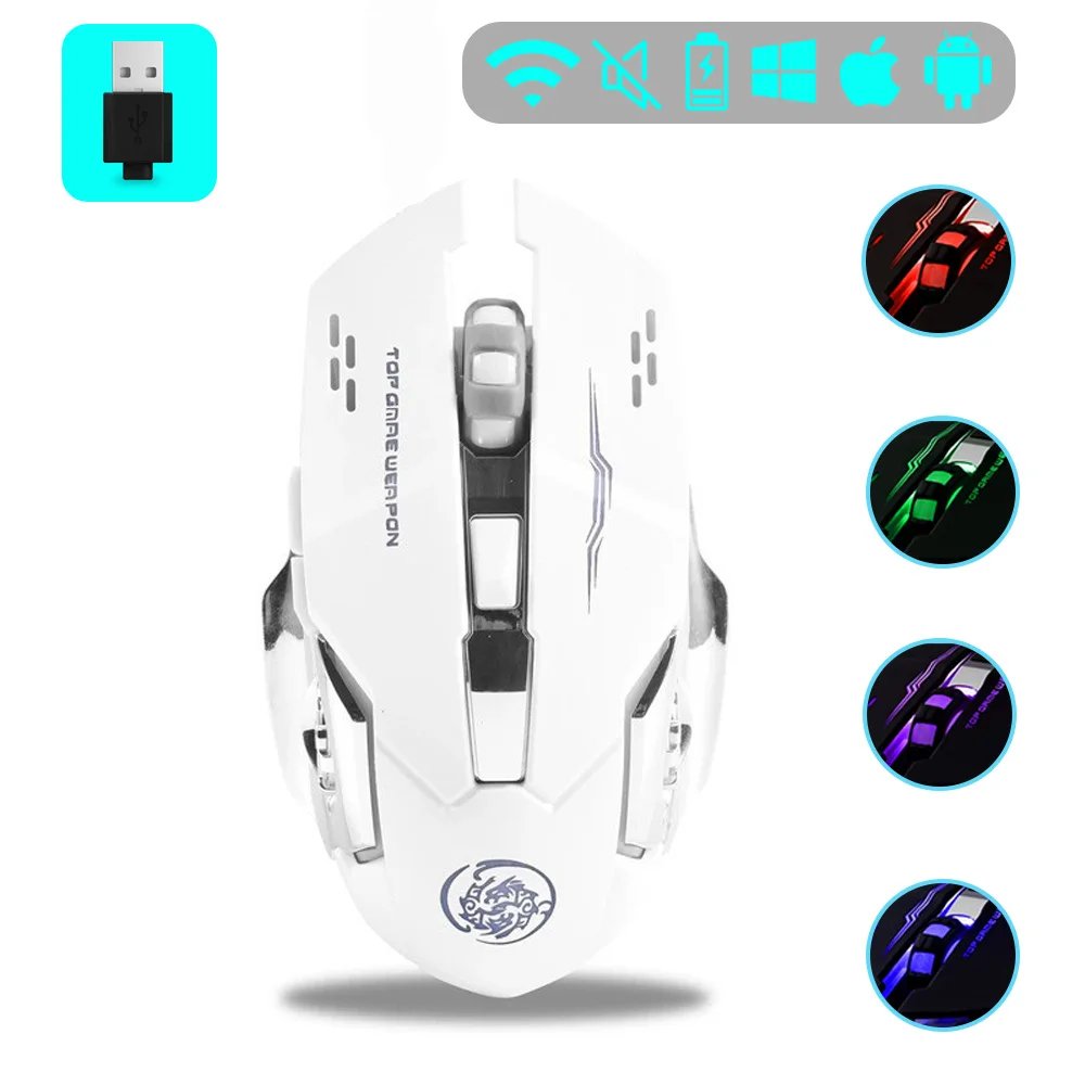 Wireless Gaming Mouse, Quiet, Rechargeable, Bluetooth, USB, Mechanical, Backlit for Esports, PC Gamer, White 2.4G