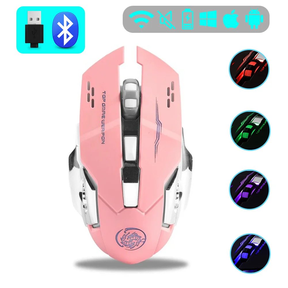 Gaming Wireless Mouse, Silent, Rechargeable with Bluetooth and USB, Mechanical, RGB Lighting for Esports PC Gamers