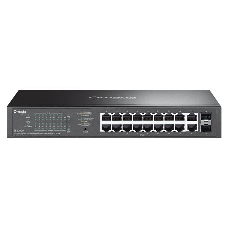 TP-Link Omada ES220GP V1 - Managed Switch - 16 x 10/100/1000 (PoE+) + 2 x 10/100/1000 + 2 x Gigabit SFP - Desktop, Wall Mount, Rack-Mountable - PoE+ (150W)